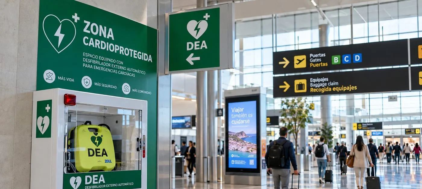 DEA en gabinete señalizado dentro de un espacio de alta afluencia
